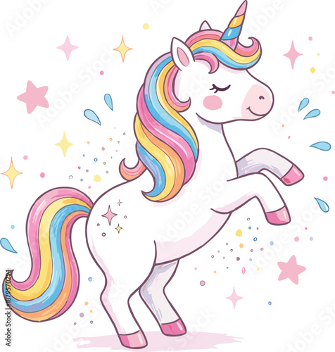Cute rainbow unicorn illustration, magical fantasy cartoon character, pastel colors, fairytale style, kids nursery art, whimsical kawaii design, adorable animal