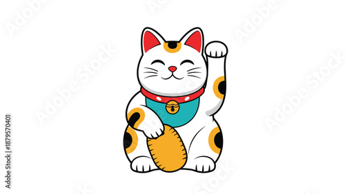 Traditional Japanese Maneki-neko beckoning cat figurine with a red collar and gold coin for attracting luck and wealth.