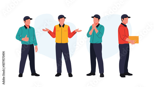 Group of delivery service workers in different uniforms showing positive gestures and holding a cardboard parcel box.