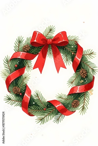 Watercolor Pine Wreath with Red Ribbon
