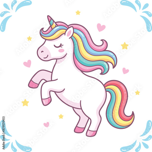 Cute rainbow unicorn illustration, magical fantasy cartoon character, pastel colors, kawaii style, kids nursery art, whimsical fairytale design, adorable animal
