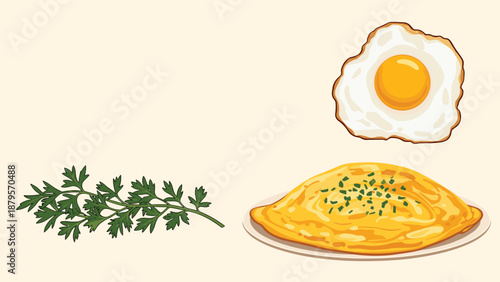 Delicious breakfast meal illustration featuring a sunny side up fried egg, a herb omelet, and a sprig of fresh parsley.