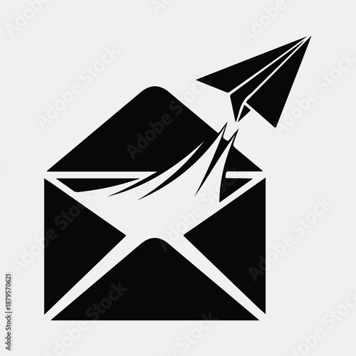 Silhouette flying paper plane exiting open envelope symbolizing fast message delivery vector illustration