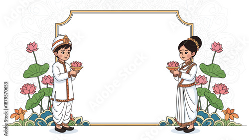 Couple in traditional white Indian wedding attire holding lotus flowers in front of a large blank rectangular frame.