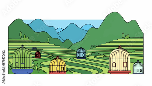 Stylized landscape with rice terraces, mountains, and decorative birdcages