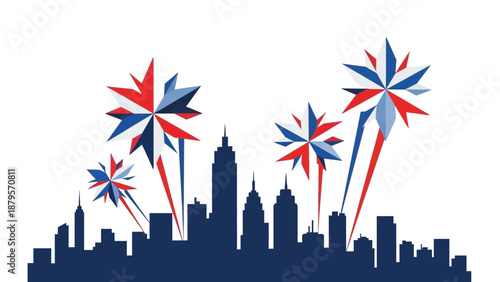 Vibrant fireworks illuminate a city skyline with iconic skyscrapers in a celebration of national pride and festivity