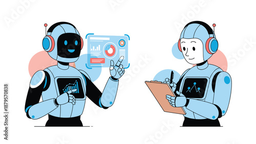 Two futuristic robots working together with one analyzing a digital screen and the other writing on a clipboard.