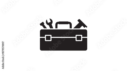 Vector Illustration Of Black Toolbox With Tools For Construction And Repair Services
