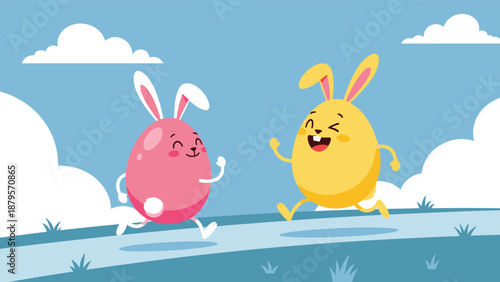 Two anthropomorphic Easter eggs with bunny ears and happy faces running along a path in a bright outdoor setting.