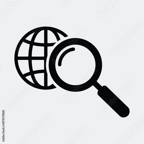 Silhouette global search icon magnifying glass worldwide exploration network symbol vector illustration