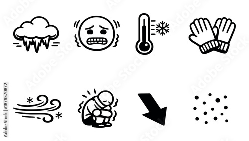 Winter weather icons set: cold, storm, snow, wind, and temperature symbols