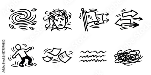 Weather symbols: wind, storm, and chaos icons on dark background