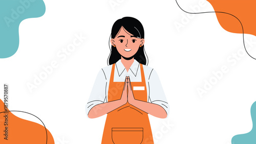 Friendly woman in an orange apron performing a traditional greeting gesture with palms together on a white background.