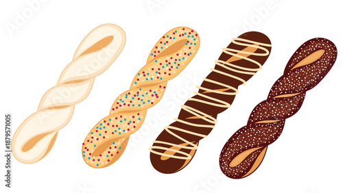 Assortment of four twisted donuts with various toppings including chocolate glaze, colorful sprinkles, and powdered sugar on a white background.