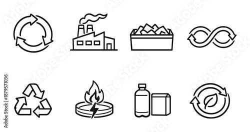 Recycling and waste management icons: sustainability, reuse, and eco-friendly practices