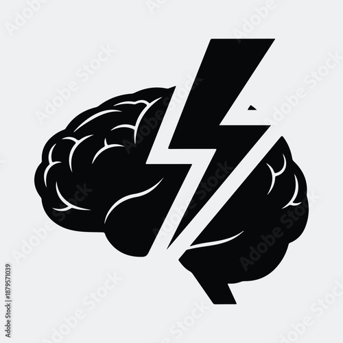 Silhouette human brain with lightning bolt representing idea creativity or mental health vector illustration