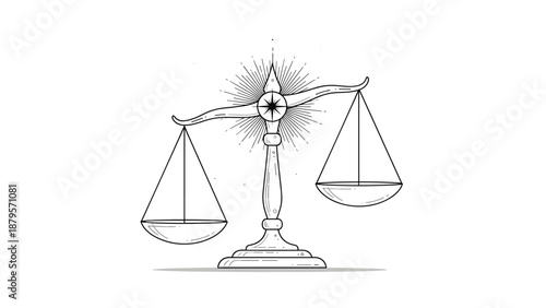 Intricate line art illustration of the scales of justice featuring a radiant star symbol to represent balance, law, and legal fairness in society.