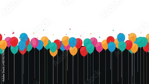 Vibrant collection of colorful party balloons floating upwards against a clean background to celebrate a festive event or special anniversary.