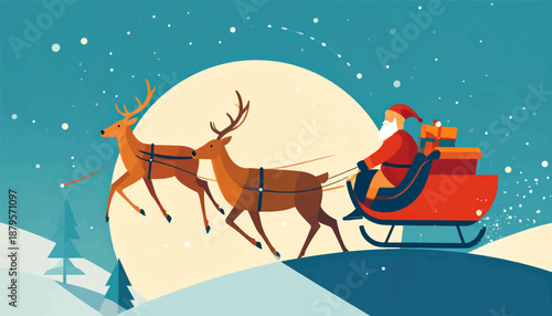 Stylized winter night scene with Santa in his sleigh pulled by reindeer