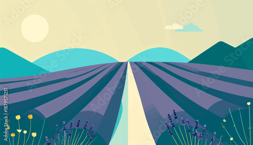 Stylized lavender fields under a pale sun with distant teal mountains and sky