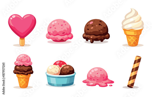 Colorful assortment of ice cream cones and scoops in various flavors and styles
