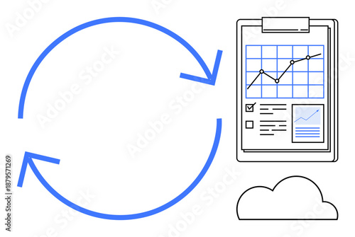Data analysis, cloud computing, workflow management, digital progress, technology systems, business processes. A clipboard chart paired with arrows and a cloud icon. Data analysis and cloud computing