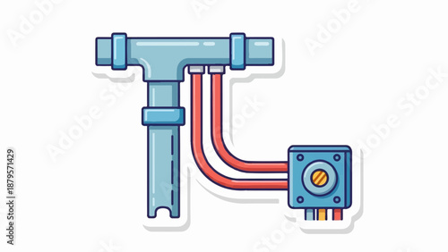 Stylized illustration of blue pipes and red tubes connecting to a blue junction box with wires