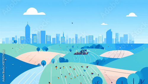 Stylized landscape with distant city skyline, rolling hills, fields, and scattered trees under a blue sky