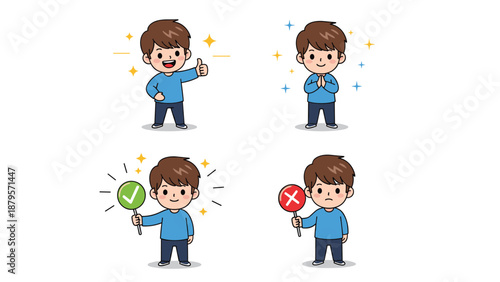 Expressive boy character in four poses including giving a thumbs-up, praying, and holding signs for correct and incorrect answers.