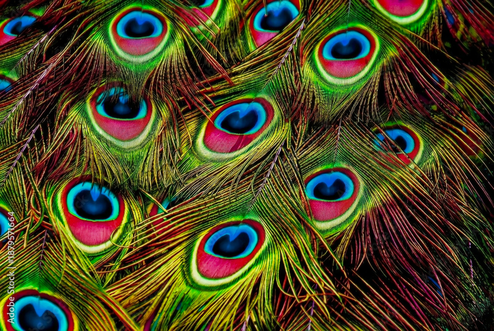 Obraz premium Vibrant close up of peacock feathers with iridescent eyespots