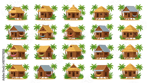 Vector icons Tropical Bungalows and Beach Huts Collection. EPS Editable