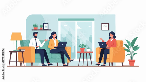 Three people collaborate on laptops in a bright, modern office setting with plants