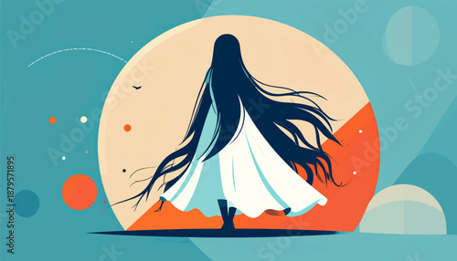 Stylized woman with flowing dark hair and white dress against a warm sun and teal sky