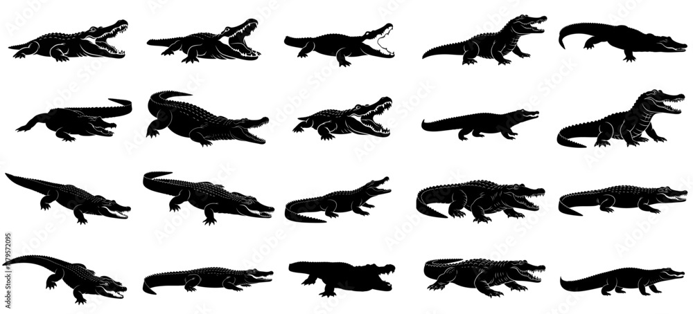 Fototapeta premium swamp titans dynamic silhouettes of ancient crocodilians, embodying primal strength, unyielding threat, and aquatic dominance set, vector isolated on transparent background