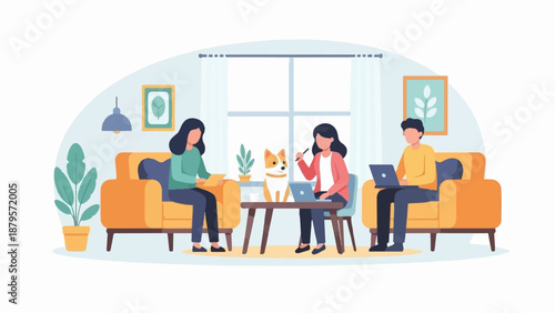 Three people and a dog relax in a cozy room with sofas, plants, and laptops