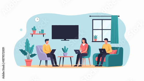 Three people in a living room working on laptops, surrounded by plants and home decor