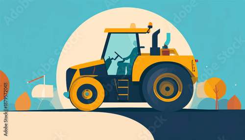 Stylized yellow tractor with a driver, set against a pale sun on a blue sky, with abstract trees and a mailbox