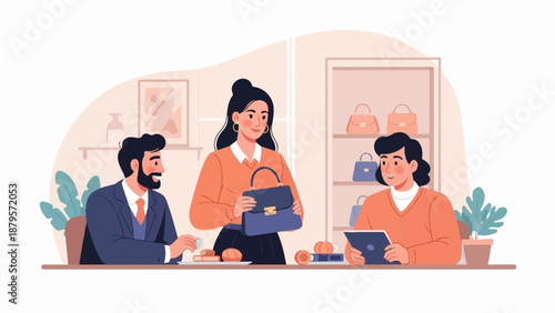 Three people in a room, one holds a purse, another a tablet, and one drinks