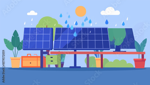 Sun and rain nurture solar panels amidst green plants and outdoor elements