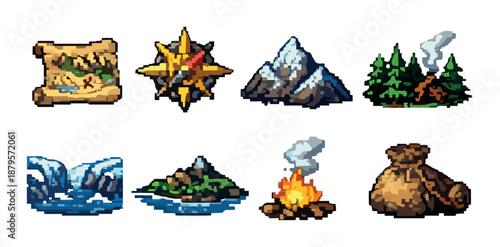 Retro-style adventure icons: map, compass, mountain, forest, waterfall, island, campfire, and sack