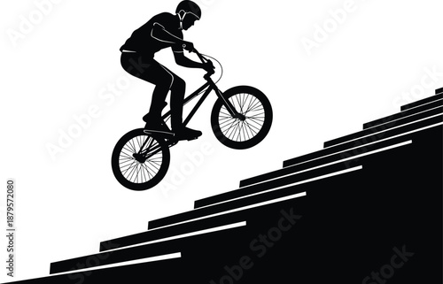 BMX cyclist silhouette performing stunt jump on stairs extreme biking action vector illustration isolated on white background urban sports design