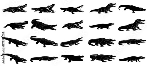 swamp titans dynamic silhouettes of ancient crocodilians, embodying primal strength, unyielding threat, and aquatic dominance set, vector isolated on transparent background
