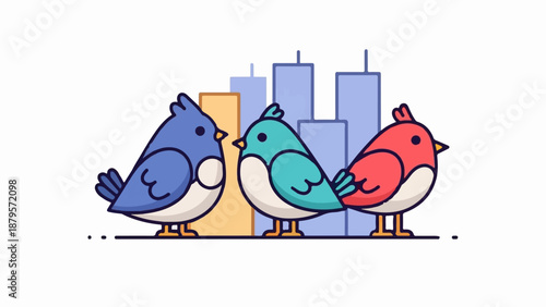 Three colorful cartoon birds stand in front of stylized city buildings