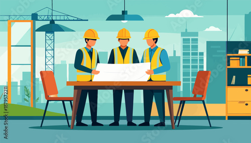 Three construction workers in hard hats and vests review blueprints at a table on a site