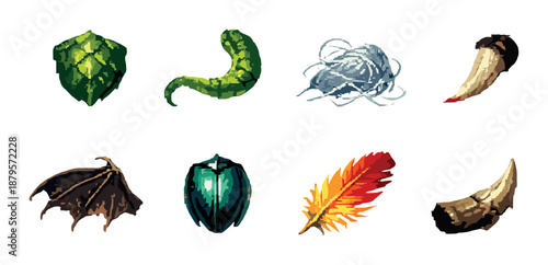 Fantasy game pixel art icons: magical items and creature parts collection