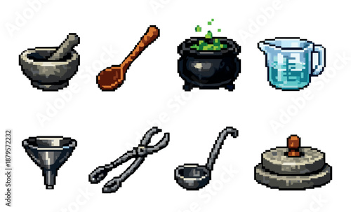 Pixel art alchemy tools set with mortar, pestle, cauldron, and measuring cup