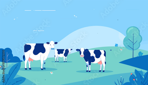 Three cows graze peacefully on rolling green hills under a blue sky