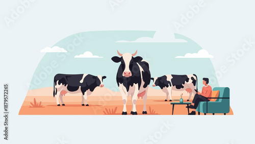 Three cows stand on a dry field with a person in a chair
