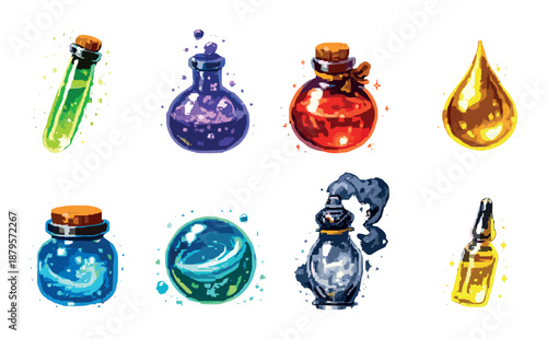 Set of eight glowing magic potion bottles in various colors