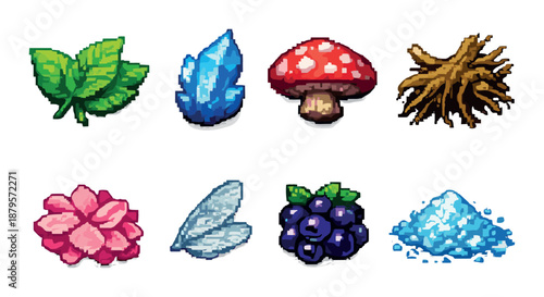 Pixel art nature collection: leaves, crystals, mushrooms, roots, flowers, wings, berries, minerals
